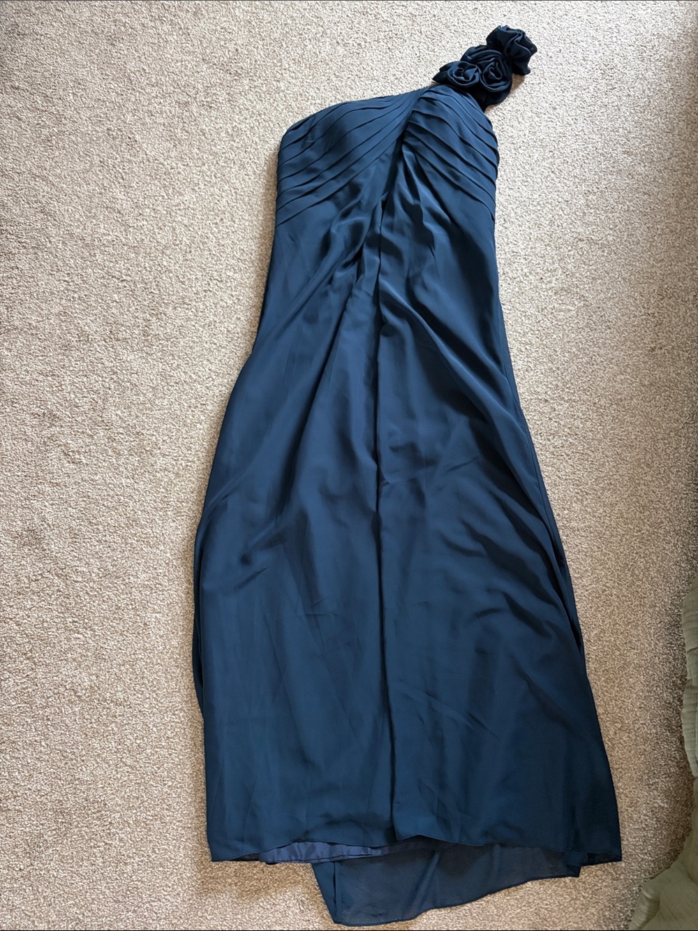 JJs House Navy One-Shoulder Evening Gown with Rosette Strap